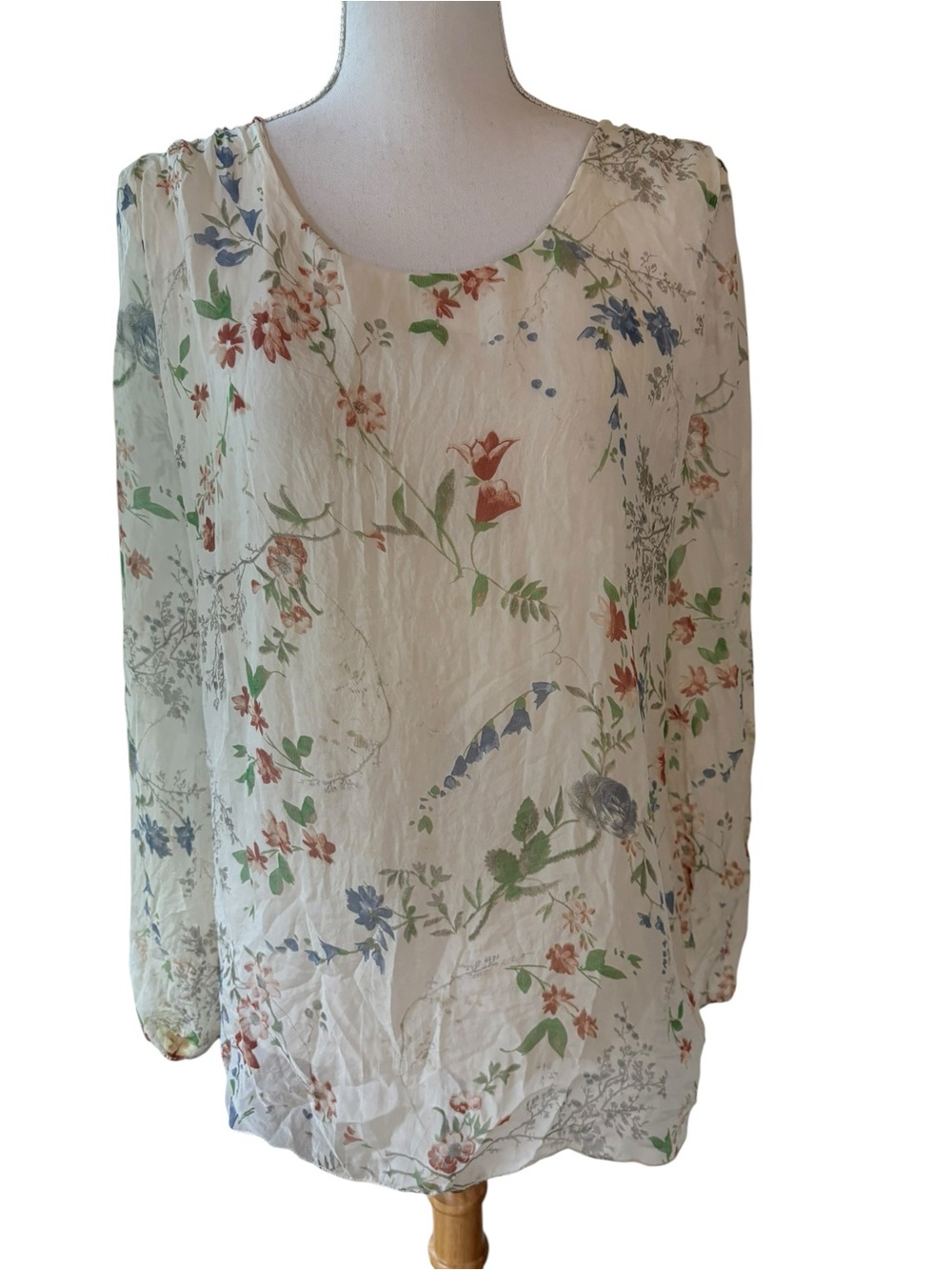 Elena Baldi White Silk Made in Italy Floral Blouse.  Size L